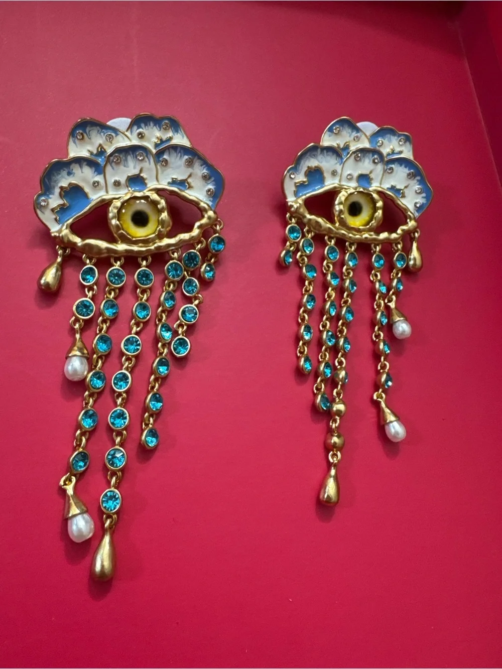Schiaparelli inspired Eyelash Dangle Earrings - Gold Tone with blue crystals